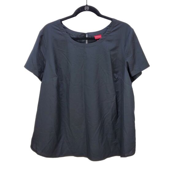 Merona Blouse Shirt Womens 2 Black Keyhole Back Short Sleeve 100% Polyester Top - Picture 1 of 11